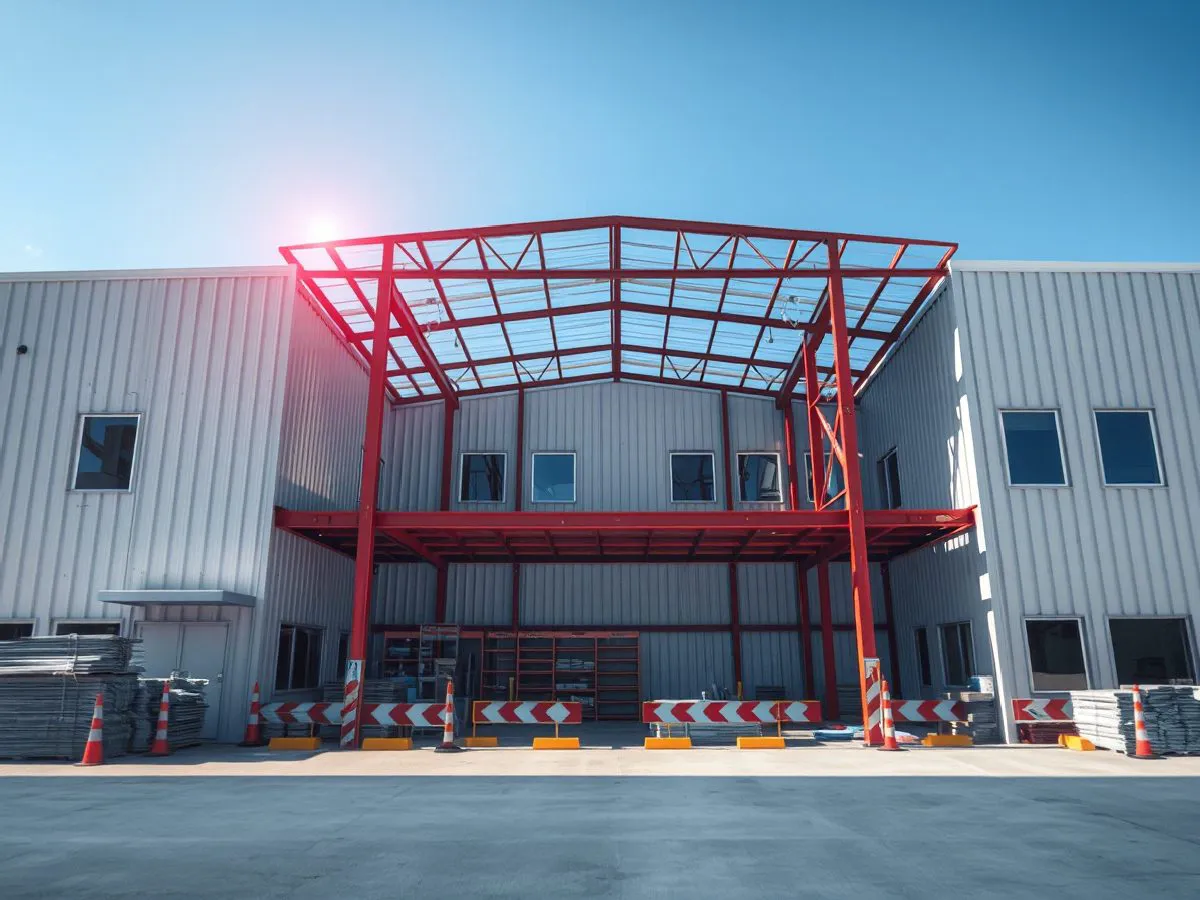 轻型钢结构房屋外观，展示H型钢框架和围护板材