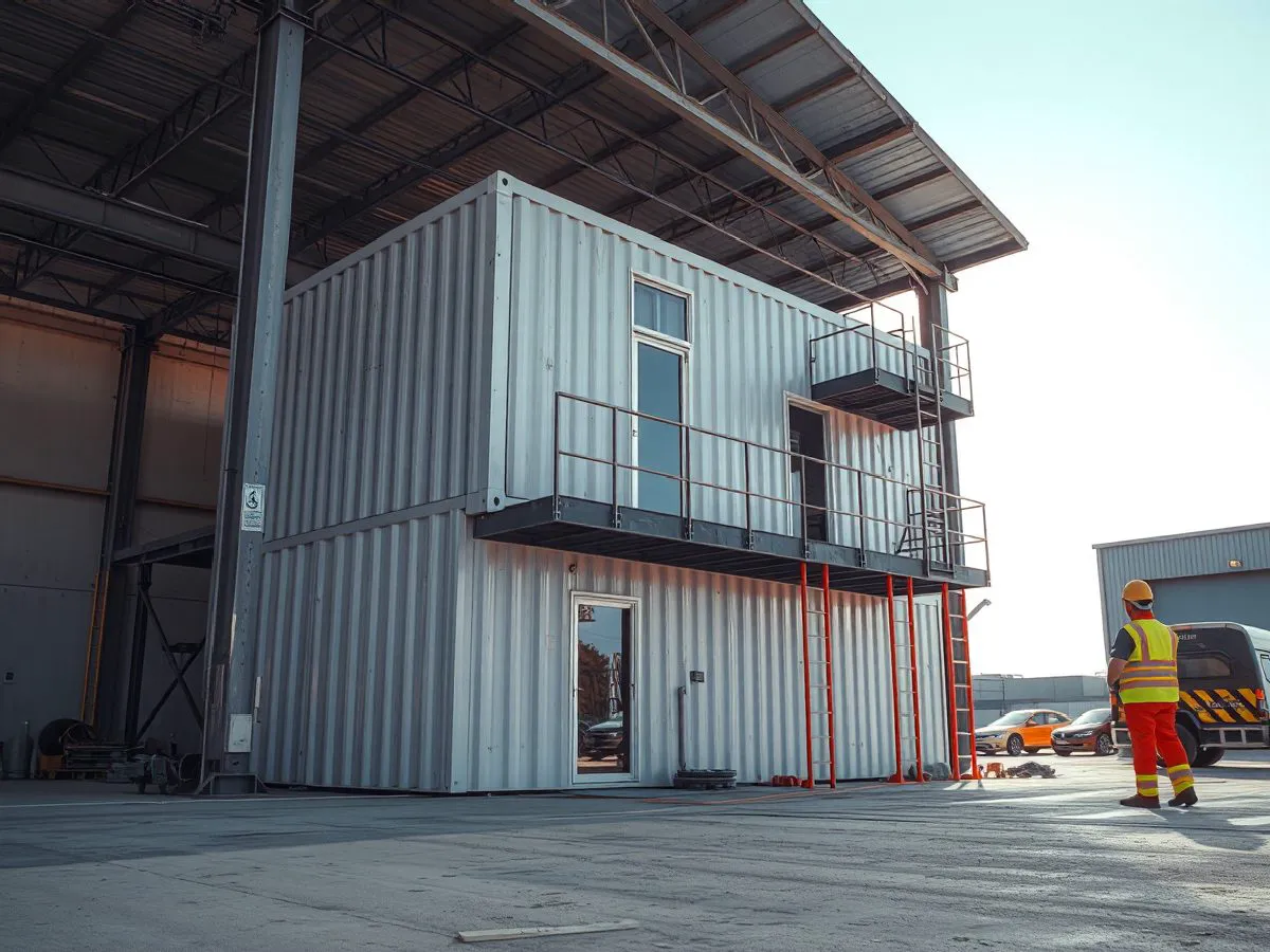 临建办公综合楼施工现场，多层钢结构房屋安装中